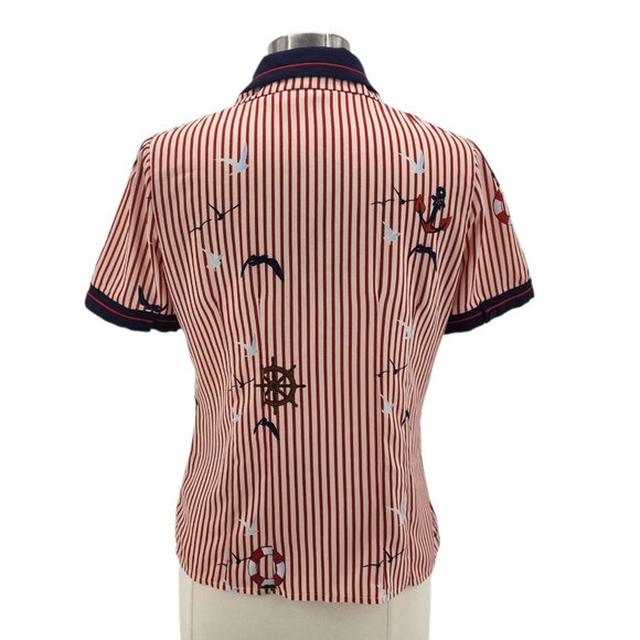 Hell Bunny Womens Medium Top Avery Blouse Sailboat Birds Striped Pinup Retro Red - Picture 4 of 11
